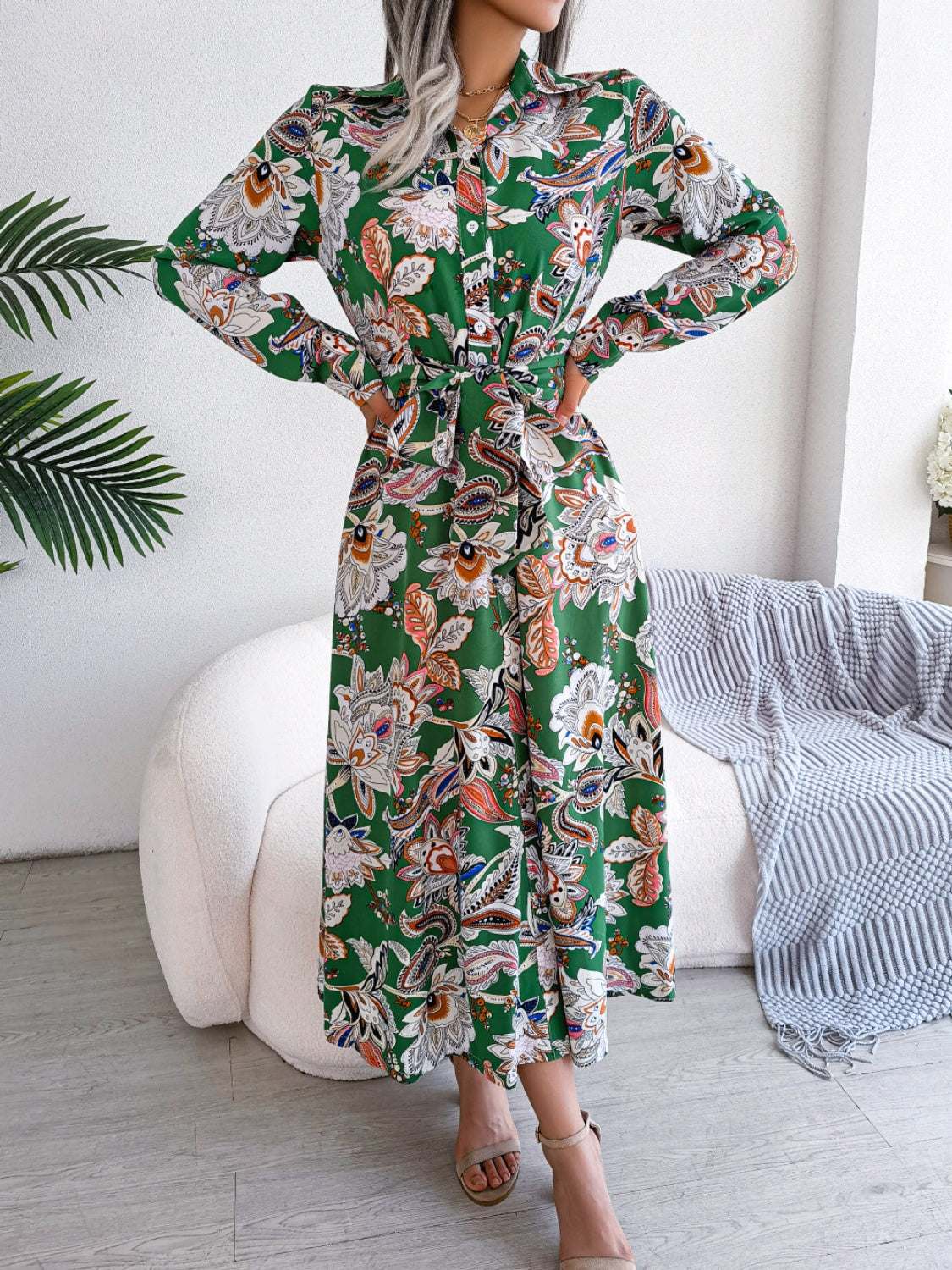 Tied Printed Long Sleeve Midi Dress