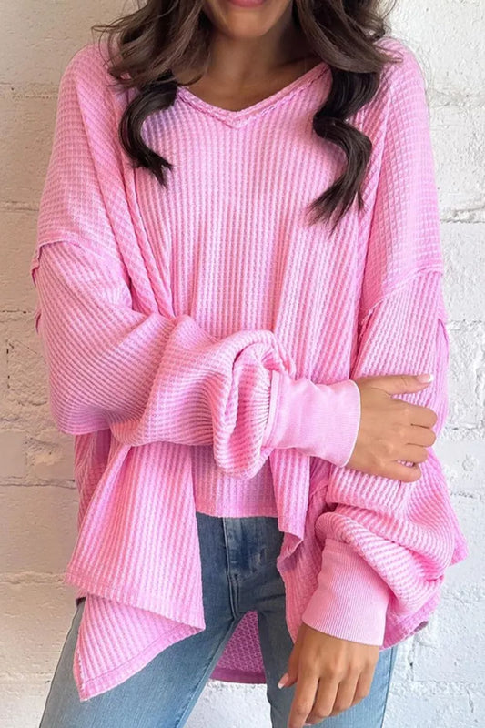 Waffle-Knit V-Neck Long Sleeve Blouse in pink