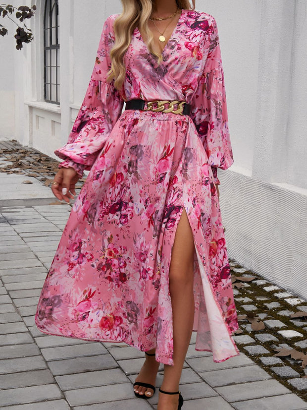 Split Printed Surplice Long Sleeve Midi Dress with floral pattern and side slit.