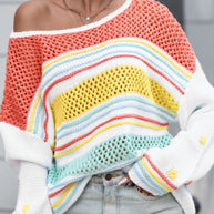 Hollow Striped Color Block Round Neck Sweater