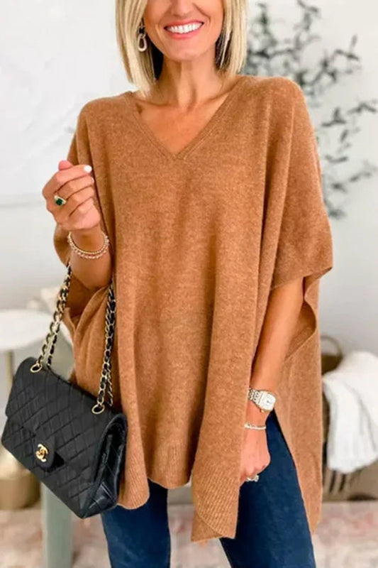 V-Neck Half Sleeve Knit Top in brown, casual style, slightly stretchy fabric.