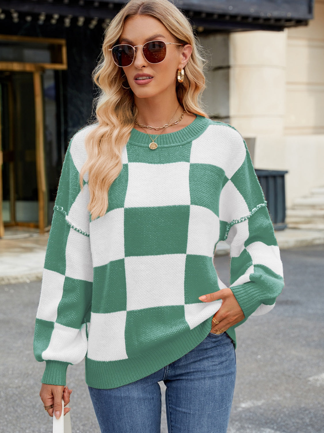 Checkered Round Neck Long Sleeve Sweater