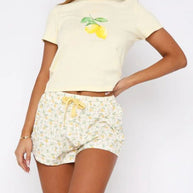 Printed Round Neck Short Sleeve Top and Drawstring Shorts Set