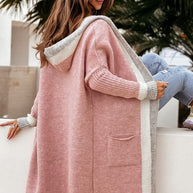 Pocketed Contrast Long Sleeve Hooded Cardigan