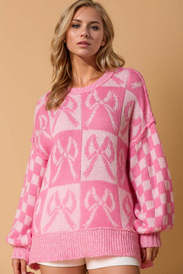 Full size pink checkered bow contrast long sleeve sweater.