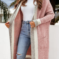 Pocketed Contrast Long Sleeve Hooded Cardigan