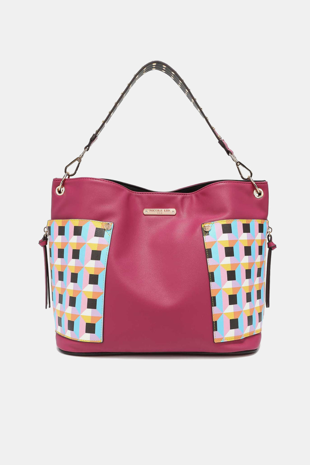 Nicole Lee USA Quihn 3-Piece Handbag Set with geometric detailing in pink and multicolor, featuring a large shoulder bag.