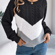 Cable-Knit Color Block Round Neck Sweater