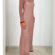 Devine Tied Round Neck Striped Sweater Dress in red and white, full-length with moderate stretch.