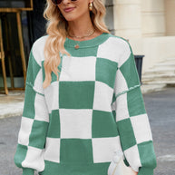 Checkered Round Neck Long Sleeve Sweater