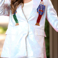 Sequin Nutcracker Long Sleeve Blazer with festive design and buttoned front.