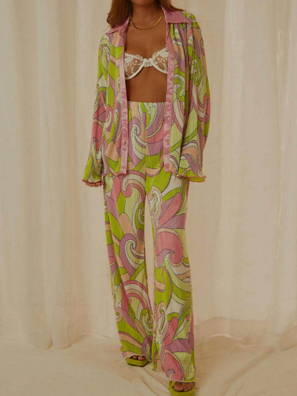 Printed Collared Neck Long Sleeve Top and Pants Lounge Set