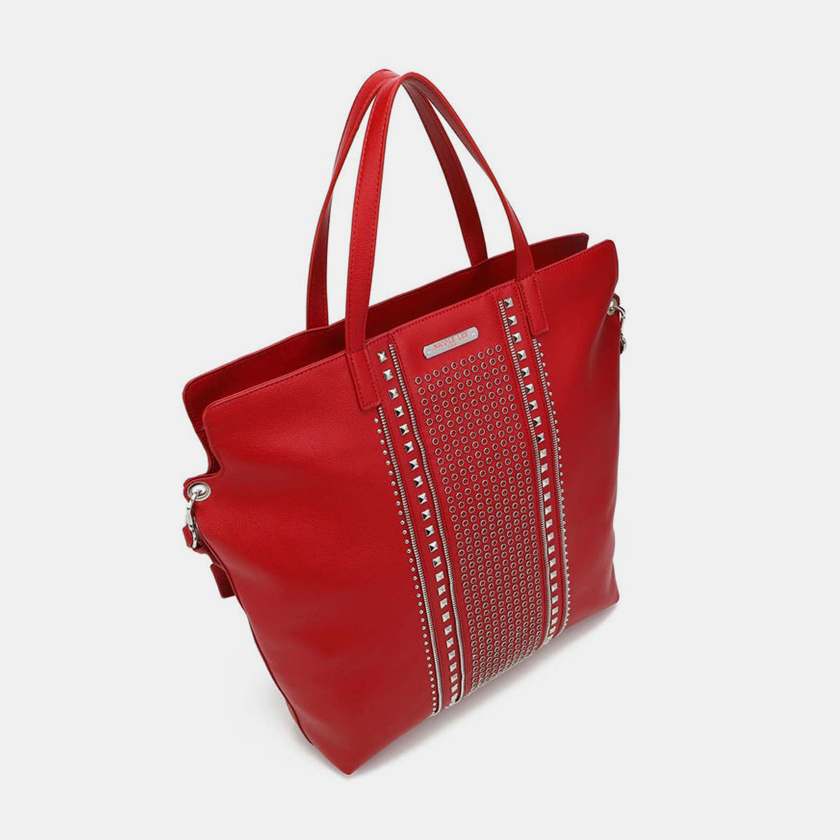 Nicole Lee USA Studded Large Tote Bag in red vegan leather with stud and zipper detailing.