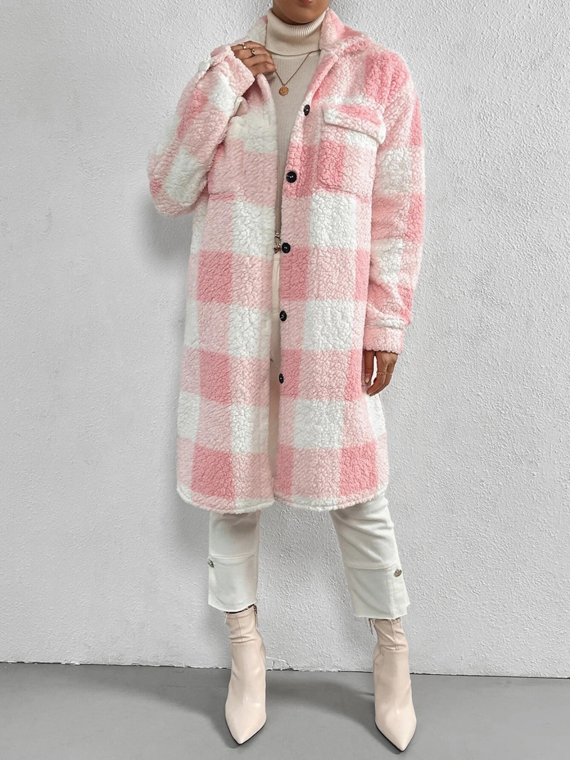 Plaid collared neck button down coat in pink and white, buttoned design, 100% polyester.