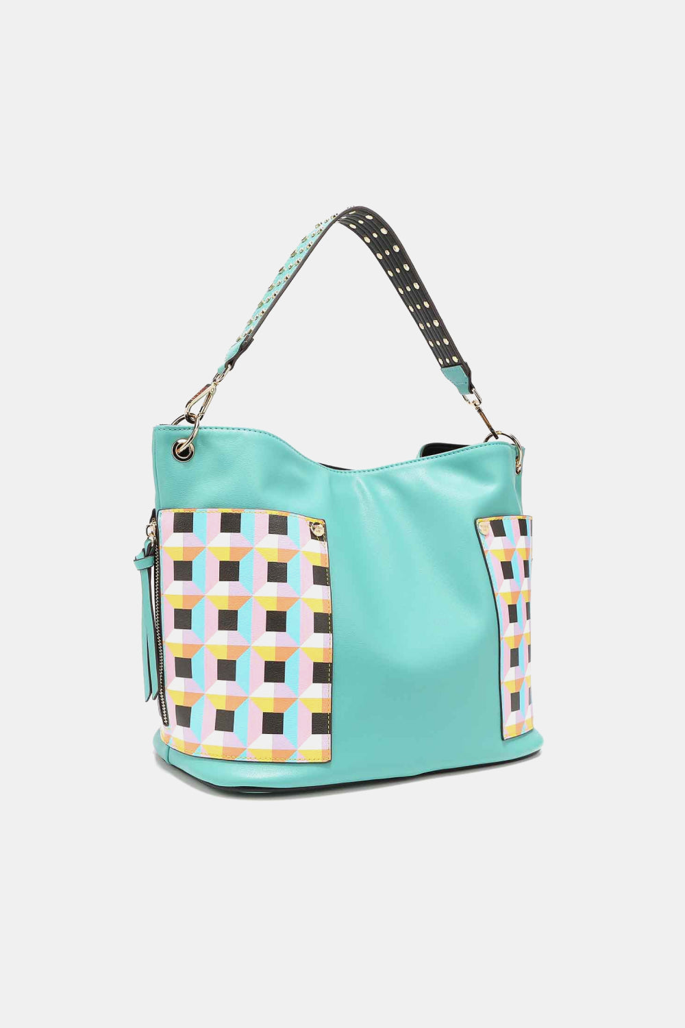 Nicole Lee USA Quihn 3-Piece Handbag Set with geometric pattern and studded strap.