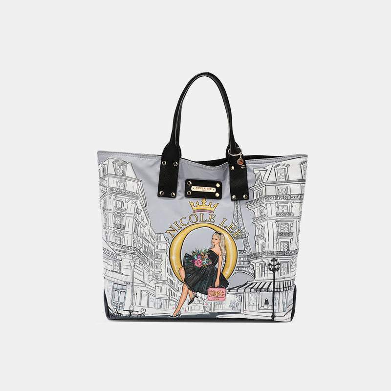 Nicole Lee USA printed reversible handbag with vegan leather handles and exclusive fashion print.