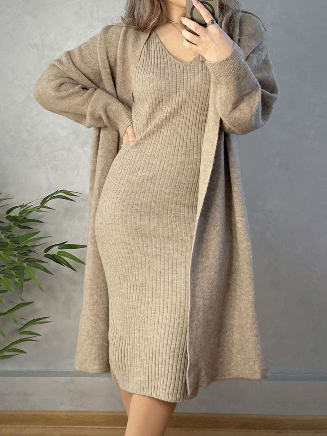 Two-piece V-neck cami dress with open front cardigan sweater set in beige, moderate stretch, acrylic material.