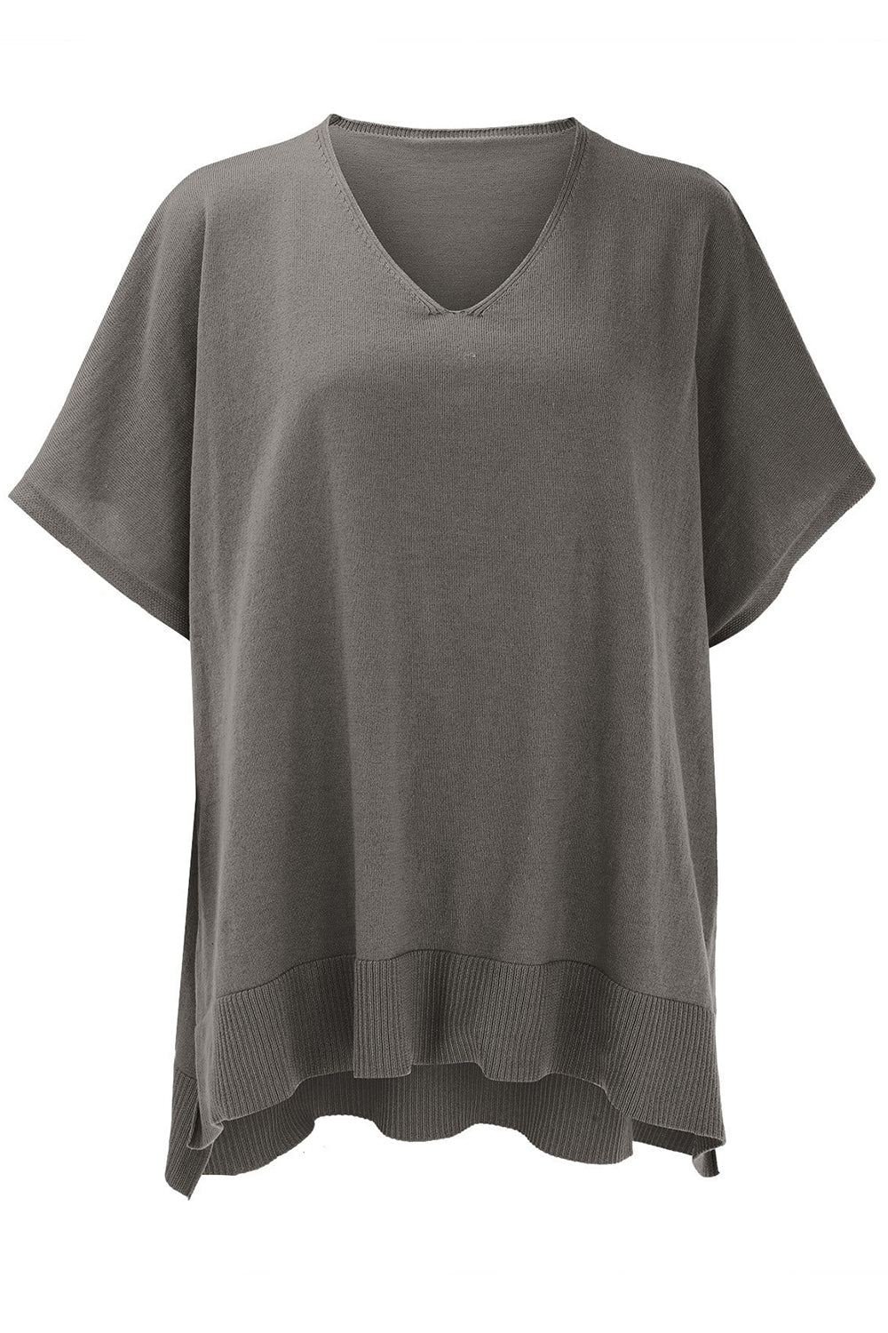 Slit V-Neck Half Sleeve Knit Top in dark gray, slightly stretchy, viscose blend.