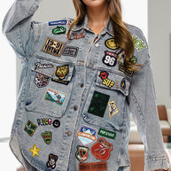 Embroidered Patch Button Up Long Sleeve Denim Jacket