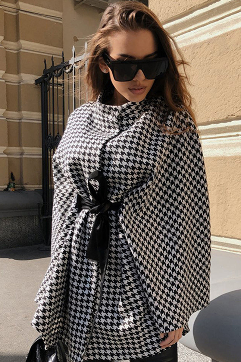 Houndstooth Tie Waist Trench Coat with relaxed fit and tied waist design.