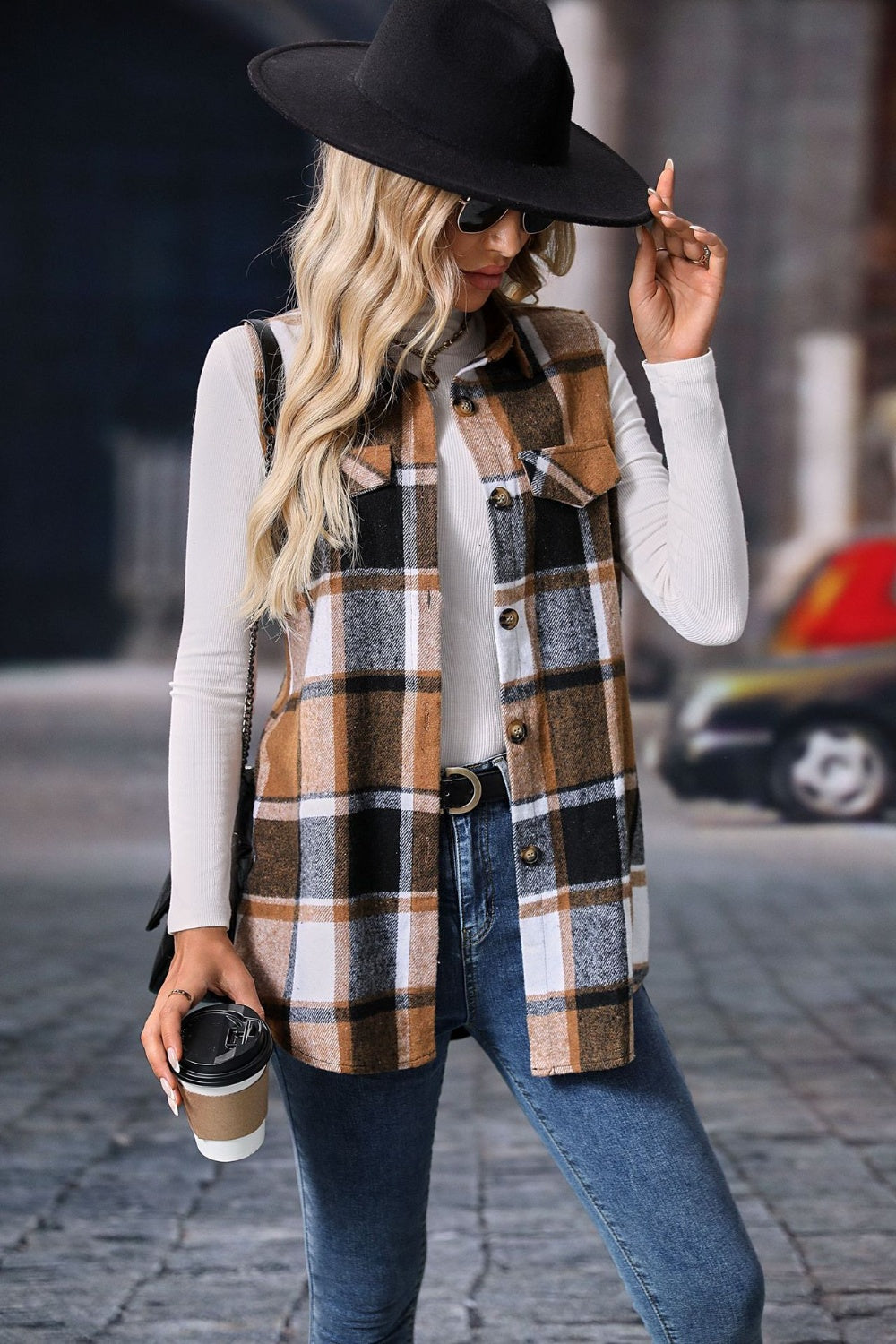 Plaid button-up vest coat in polyester, featuring button closure and brown pattern.