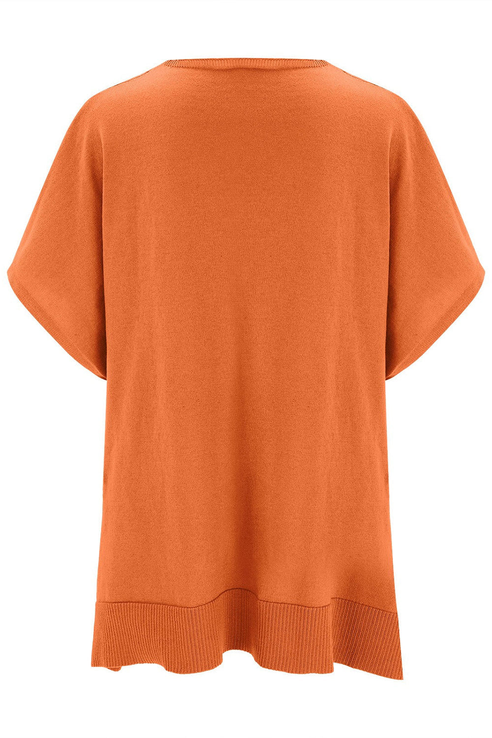 Back view of an orange slit V-neck half sleeve knit top made from viscose, polyester, and nylon blend.