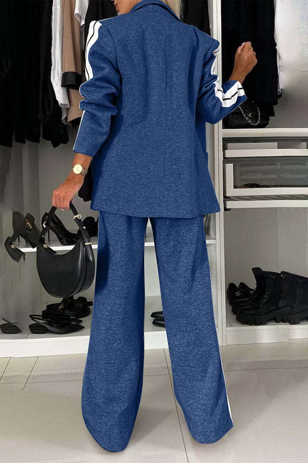 Full size contrast lapel collar top and pants set, blue with white stripes, buttoned and pocketed, women's fashion.