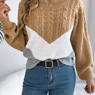 Cable-Knit Color Block Round Neck Sweater