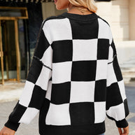 Checkered Round Neck Long Sleeve Sweater