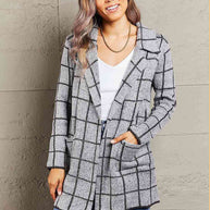 Printed Open Front Lapel Collar Cardigan with Pockets