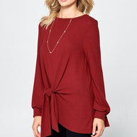 Full Size Round Neck Knot Front Hacci Blouse