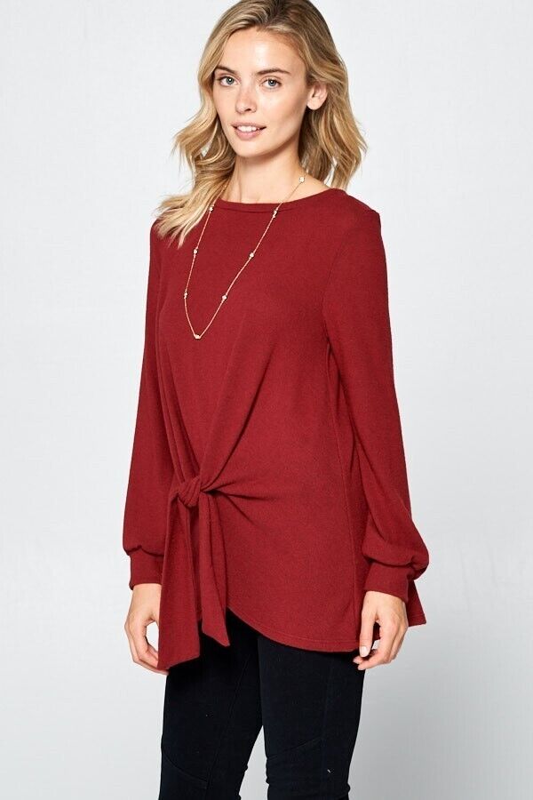 Full Size Round Neck Knot Front Hacci Blouse