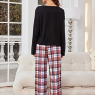 Round Neck Long Sleeve Top and Plaid Pants Lounge Set