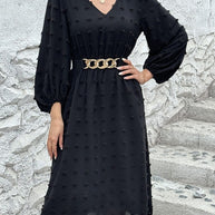 Full Size Swiss Dot V-Neck Long Sleeve Midi Dress