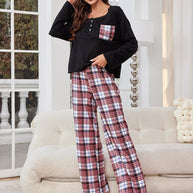 Round Neck Long Sleeve Top and Plaid Pants Lounge Set