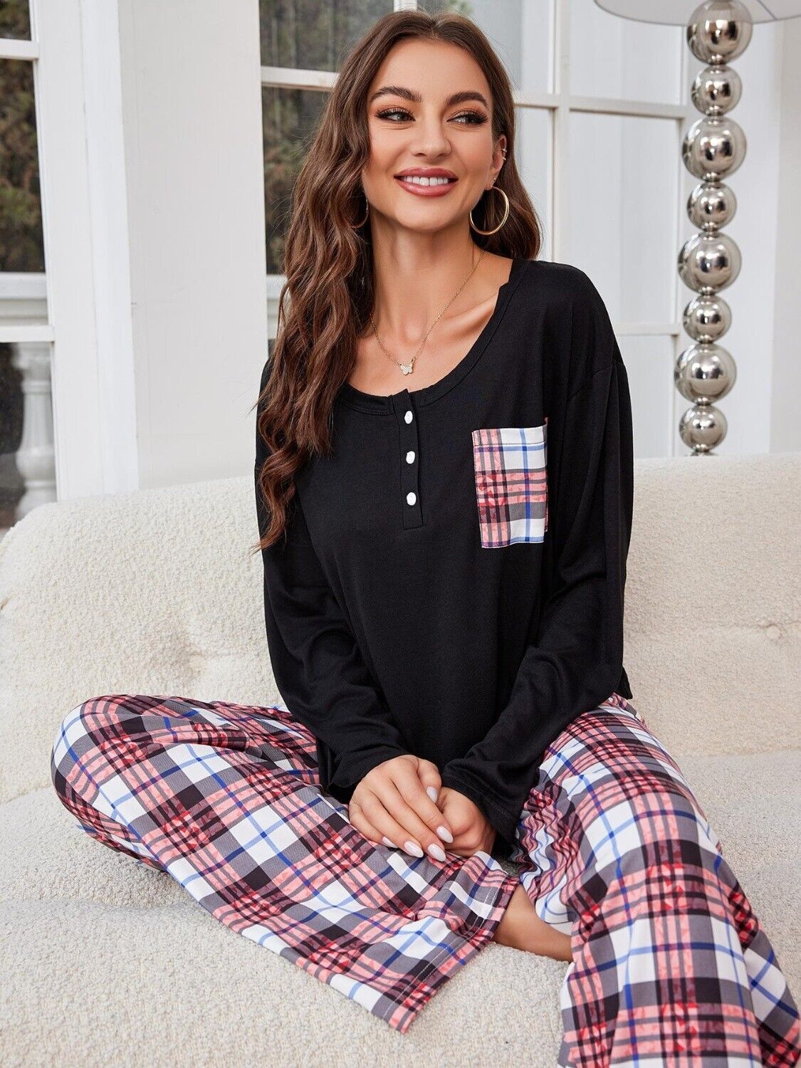 Round Neck Long Sleeve Top and Plaid Pants Lounge Set