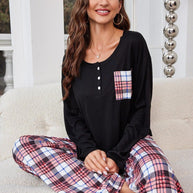 Round Neck Long Sleeve Top and Plaid Pants Lounge Set