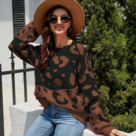 Woven Right Leopard Ribbed Trim Dropped Shoulder Sweater