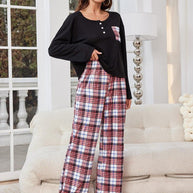 Round Neck Long Sleeve Top and Plaid Pants Lounge Set