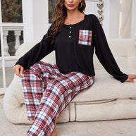 Round Neck Long Sleeve Top and Plaid Pants Lounge Set