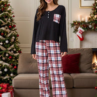 Round Neck Long Sleeve Top and Plaid Pants Lounge Set