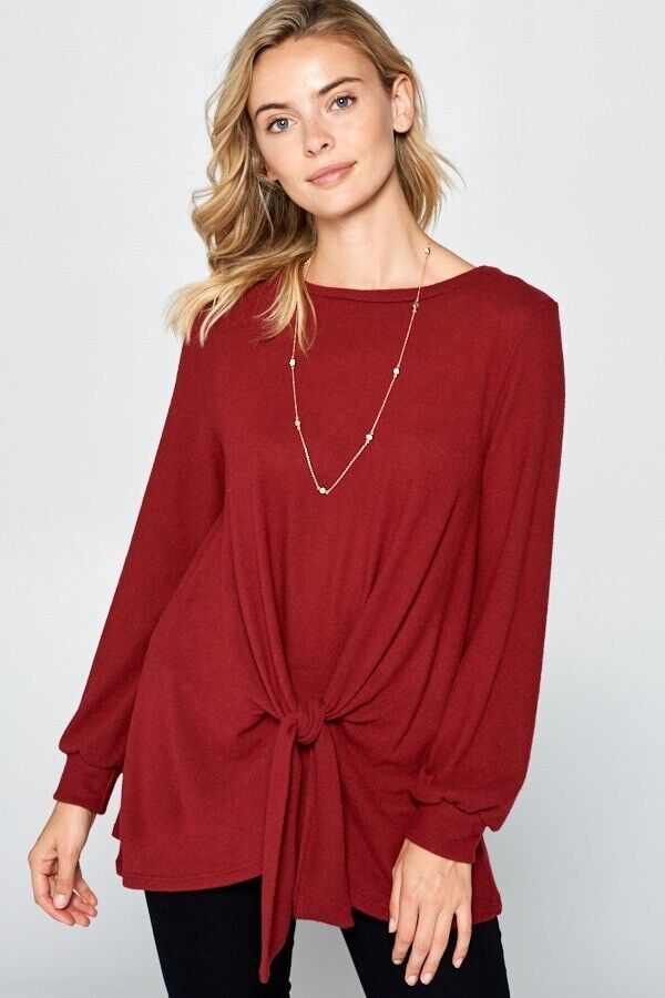 Full Size Round Neck Knot Front Hacci Blouse