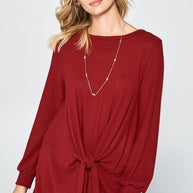 Full Size Round Neck Knot Front Hacci Blouse