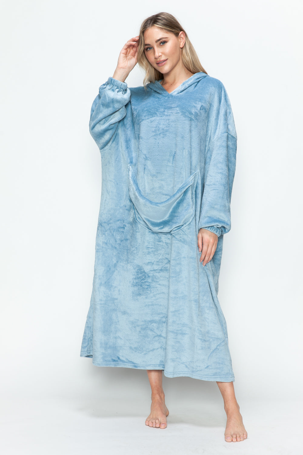 Full size pocketed hooded midi lounge dress in blue.