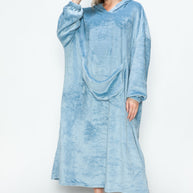 Full size pocketed hooded midi lounge dress in blue.