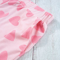 Heart Print Long Sleeve Top and Shorts Lounge Set with pink heart design on fabric.