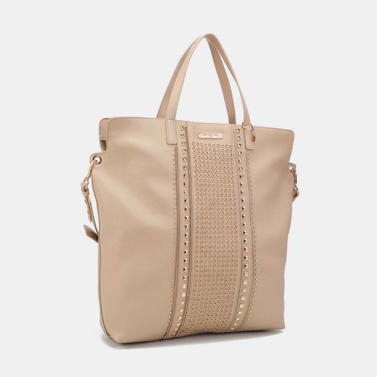 Nicole Lee USA studded large tote bag in vegan leather with dual top handles and optional shoulder strap.