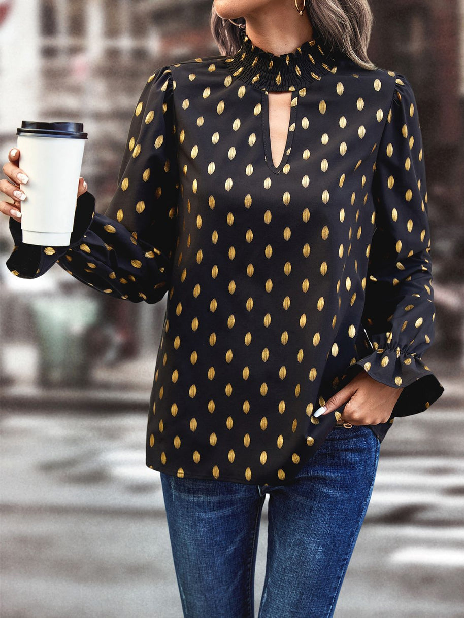 Cutout Printed Mock Neck Flounce Sleeve Blouse