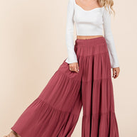 Mittoshop Tier Detail Smocked Elastic Waist Wide Leg Pants