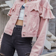 Ruffled collared neck long sleeve denim jacket in pink.